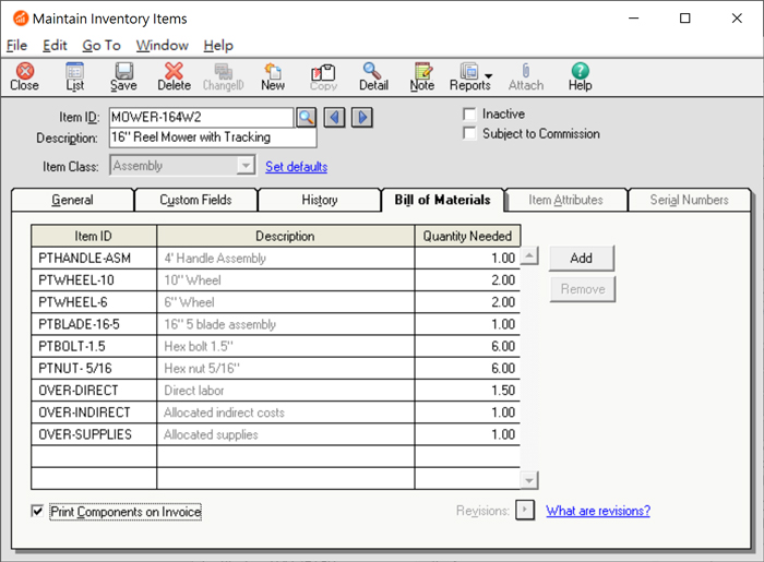 Bill of Material Assembly Sage Peachtree